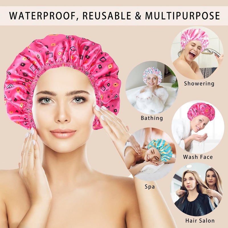 CHFONG 4 PCS Shower Cap for Women, Elastic and Reusable Bath Caps, Double Layers Shower Caps Reusable Waterproof, Bathing Shower Caps, Environmental Bath Hair Protection Cap - Stripes - Image 4